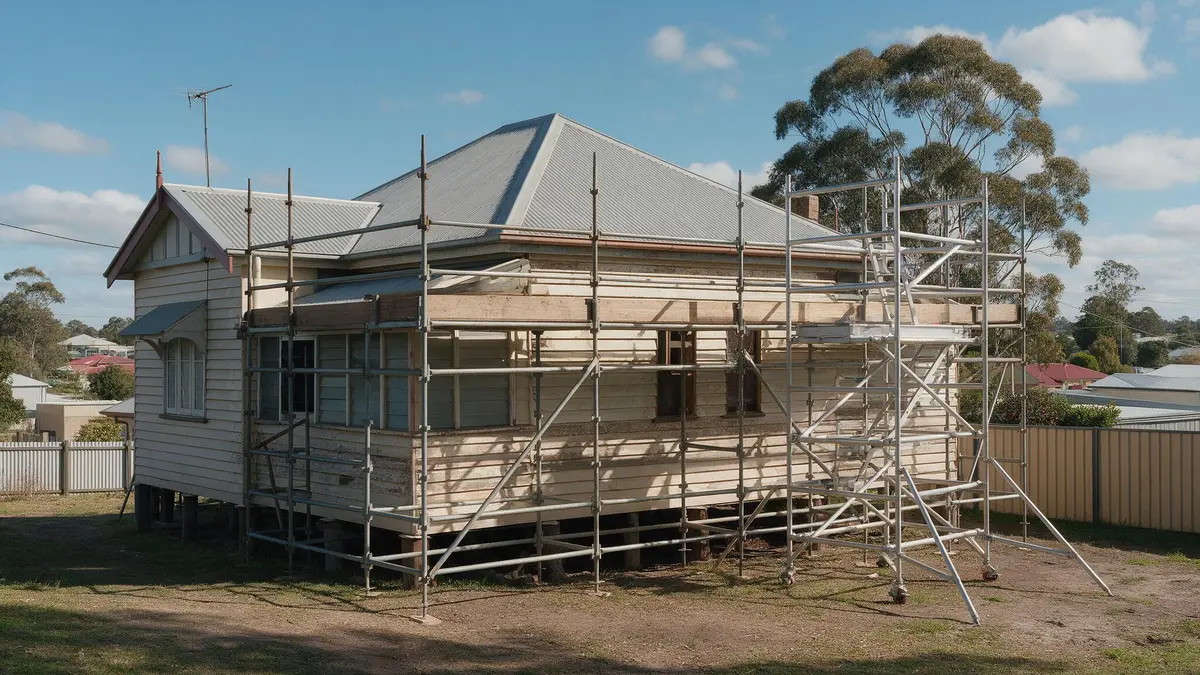 Fixed scaffold and an aluminium mobile tower along a weatherboard house